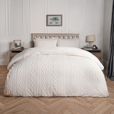 Ohs Cable Knit Fleece Duvet Cover Set Warm Reversible Bedding, Cream - Double - image 1
