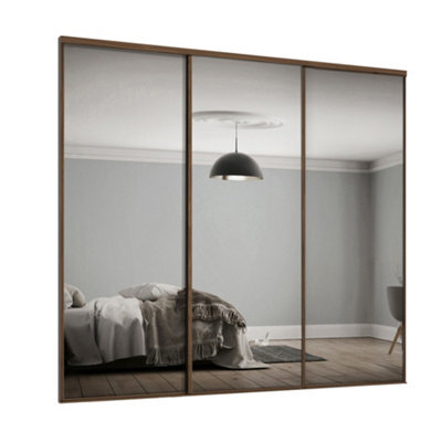Spacepro Classic 1 Panel Mirrored Carini Walnut Effect Framed Sliding Wardrobe Door Set Of 3 (H)2220mm (W)2672mm - image 1