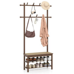 Bamboo Coat Rack Pe Rattan Hall Tree With Bench & Shoe Storage - thumbnail 1