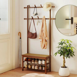 Bamboo Coat Rack Pe Rattan Hall Tree With Bench & Shoe Storage - thumbnail 4