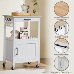 Rolling Kitchen Island Storage Trolley Cart On Wheels W Cabinet & Drawer White - thumbnail 5