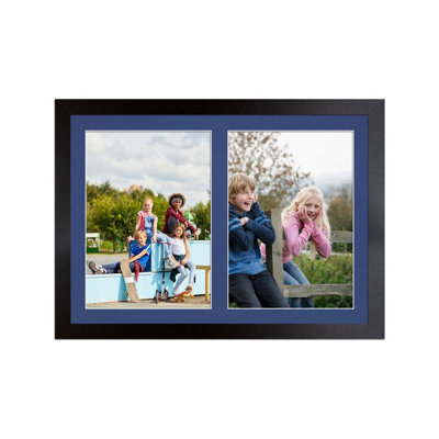 AK Frames 20X14 Matte Black Modern Multi Photo Frame With Blue Mount - Holds 2 Apertures (2X) A4 Photos - image 1