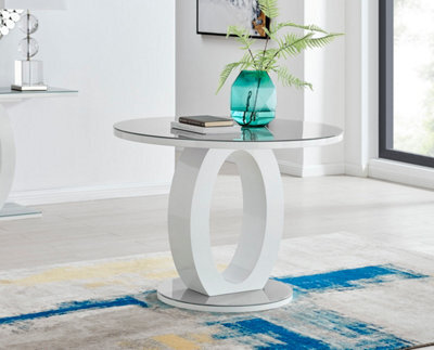 Furniturebox Giovani Round 2 4 Seat 100Cm White High Gloss Dining Table With Grey Glass Top And Unique Modern Halo Structural Plinth Base - image 1