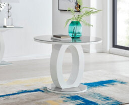 Furniturebox Giovani Round 2 4 Seat 100Cm White High Gloss Dining Table With Grey Glass Top And Unique Modern Halo Structural Plinth Base