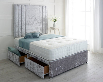 "Adore Designs Rio Crushed Velvet Divan Bed, With Pocket Mattress & 36"" Headboard - 4Ft Small Double - Silver - 4 Drawers"