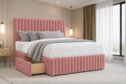 "Nexus Verona Pink Plush Divan Bed Base 2 Drawers Left Side With 26"" Strutted Headboard 12"" Footboard 6' Super King" - thumbnail 1