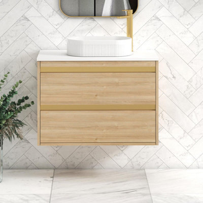 Royal Bathrooms Orion 800mm Natural Oak Wall Hung Plain White Countertop Vanity Unit 2 Drawer With Lyon Basin & Brushed Brass Accent Trim - image 1
