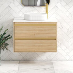 Royal Bathrooms Orion 800mm Natural Oak Wall Hung Plain White Countertop Vanity Unit 2 Drawer With Lyon Basin & Brushed Brass Accent Trim - thumbnail 1