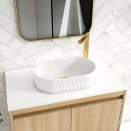 Royal Bathrooms Orion 800mm Natural Oak Wall Hung Plain White Countertop Vanity Unit 2 Drawer With Lyon Basin & Brushed Brass Accent Trim - thumbnail 5