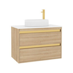 Royal Bathrooms Orion 800mm Natural Oak Wall Hung Plain White Countertop Vanity Unit 2 Drawer With Lyon Basin & Brushed Brass Accent Trim - thumbnail 6