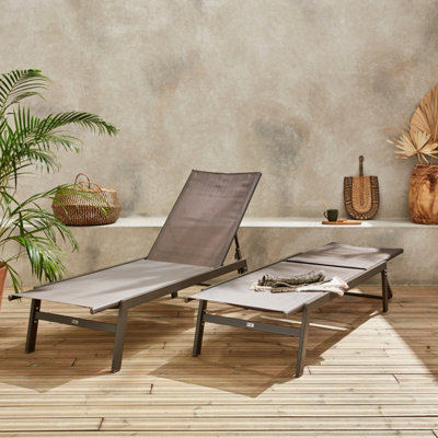Sweeek. Pair Of Textilene And Metal Multi-Position Loungers Flora Brown 155X59X106 Cm - image 1