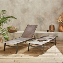 Sweeek. Pair Of Textilene And Metal Multi-Position Loungers Flora Brown 155X59X106 Cm