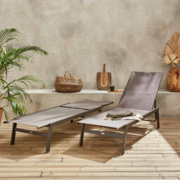 Sweeek. Pair Of Textilene And Metal Multi-Position Loungers Flora Brown 155X59X106 Cm - thumbnail 2