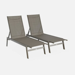 Sweeek. Pair Of Textilene And Metal Multi-Position Loungers Flora Brown 155X59X106 Cm - thumbnail 3
