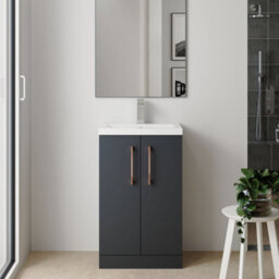 Balterley Bramshall Compact Bathroom Cloakroom Vanity Basin Unit With Polymarble Basin, Copper Handles, 600mm, Satin Dark Grey - thumbnail 2