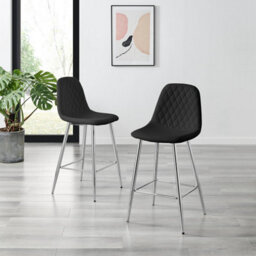 Furniturebox Uk 2X Counter Stools - Corona Black Faux Leather Dining Chair Silver Metal Legs - Minimalist Industrial Scandi Style - thumbnail 2