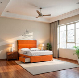 Knight Sleep York Orange Plush 4Ft6 Princess Sprung Divan Bed Set With Mattress, 2 Drawers & Headboard-Double