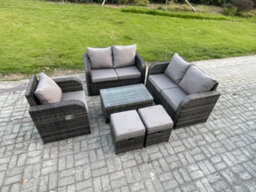 Fimous High Back Rattan Garden Furniture Set With Loveseat Sofa Coffee Table 2 Small Footstools Indoor Outdoor - thumbnail 2