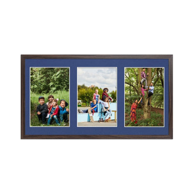 AK Frames 40X20Cm Walnut Sleek Multi Photo Frame With Blue Mount - Holds 3 Apertures (3X) 6X4 Photos - image 1