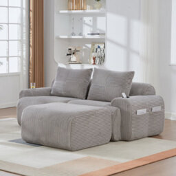 Btm Modular 2 Seater Corduroy Sofa With Ottomans, Configurable Sofa Set With Cup Holders  And Side Storage Pockets, Light Grey - thumbnail 8
