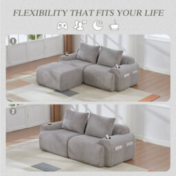 Btm Modular 2 Seater Corduroy Sofa With Ottomans, Configurable Sofa Set With Cup Holders  And Side Storage Pockets, Light Grey - thumbnail 4