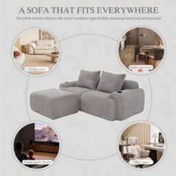 Btm Modular 2 Seater Corduroy Sofa With Ottomans, Configurable Sofa Set With Cup Holders  And Side Storage Pockets, Light Grey - thumbnail 7
