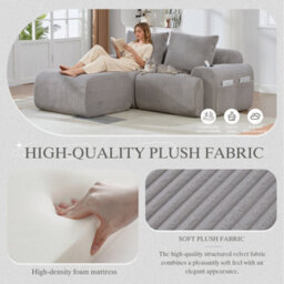 Btm Modular 2 Seater Corduroy Sofa With Ottomans, Configurable Sofa Set With Cup Holders  And Side Storage Pockets, Light Grey - thumbnail 5
