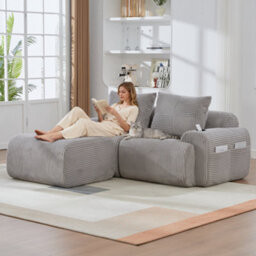 Btm Modular 2 Seater Corduroy Sofa With Ottomans, Configurable Sofa Set With Cup Holders  And Side Storage Pockets, Light Grey