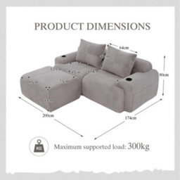 Btm Modular 2 Seater Corduroy Sofa With Ottomans, Configurable Sofa Set With Cup Holders  And Side Storage Pockets, Light Grey - thumbnail 2
