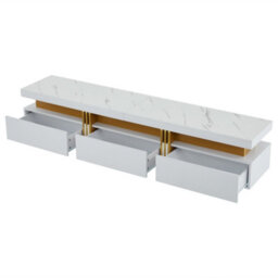 Luxury Tv Stand With Faux Marble Top, Golden Panel Design And 3 Drawers, White - thumbnail 9