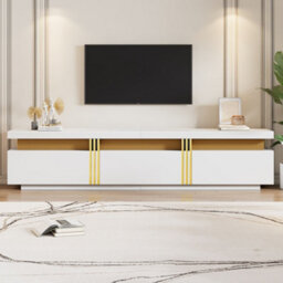 Luxury Tv Stand With Faux Marble Top, Golden Panel Design And 3 Drawers, White - thumbnail 1