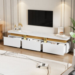 Luxury Tv Stand With Faux Marble Top, Golden Panel Design And 3 Drawers, White - thumbnail 2