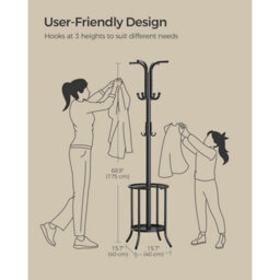 Tall Metal Coat Stand With Umbrella Base, Hallway Organizer With Hooks, Entryway Storage Solution, Ink Black - thumbnail 2
