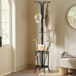 Tall Metal Coat Stand With Umbrella Base, Hallway Organizer With Hooks, Entryway Storage Solution, Ink Black - thumbnail 1