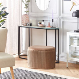 Beliani Velvet Glamour Pouffe Beige - Oval Hidden Storage Footstool, Pleated Velvet, No Assembly - thumbnail 2
