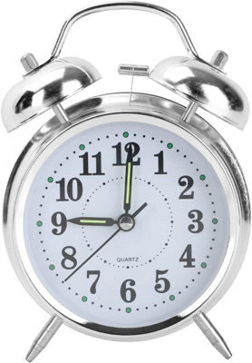Retro Silver Silent Double Bell Alarm Clock With Night Light, Quartz Movement & Loud Alarm For Bedside, Uk - image 1