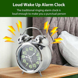 Retro Silver Silent Double Bell Alarm Clock With Night Light, Quartz Movement & Loud Alarm For Bedside, Uk - thumbnail 3