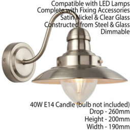 Modern Dimmable Wall Light Satin Nickel & Glass Shade Curved Arm Lamp Fitting - thumbnail 2