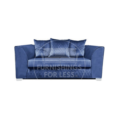 Furnishings For Less UK Victoria Soft Plush Velvet Fabric 2 Seater Sofa Blue - Scatter Back