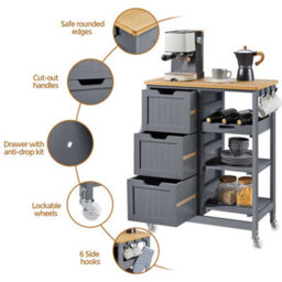 Yaheetech Dark Grey 84.5Cm H Rolling Kitchen Island Storage Serving Cart With Wheels - thumbnail 4