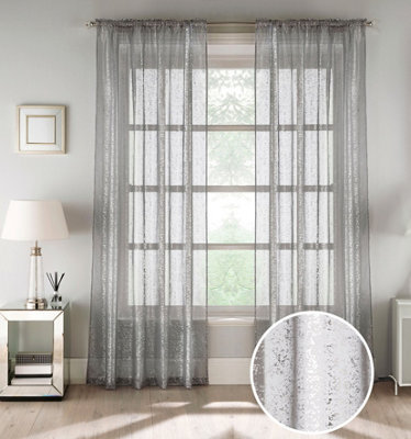 Tyrone Textiles Pair Of Pandora Grey Glittery Metallic Print Panel With Rod Pocket Header 137 Cms - image 1
