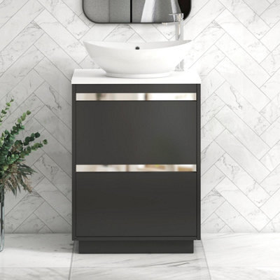 Royal Bathrooms Orion 600mm Matt Obsidian Black Floor Standing Plain White Countertop Vanity Unit 2 Drawer With Amaze Basin & Chrome Accent Trim - image 1