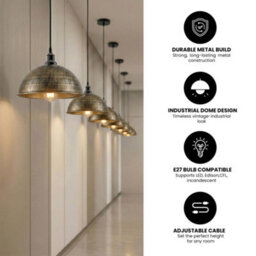 Ledsone Metal Pendant Ceiling Light Shade Industrial Black With Gold Inner Dome Lampshade, E27 Holder Fitting (Brushed Brass) - thumbnail 7