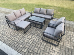 Fimous Aluminium Outdoor Garden Furniture Lounge Sofa 2 Pc Chairs Coffee Table Sets With 3 Footstools Dark Grey - thumbnail 2