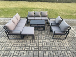 Fimous Aluminium Outdoor Garden Furniture Lounge Sofa 2 Pc Chairs Coffee Table Sets With 3 Footstools Dark Grey - thumbnail 1