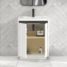 Royal Bathrooms Orion 600mm Matt White 2 Door Floor Standing Vanity Unit With Ceramic Basin & Black Strip - thumbnail 4