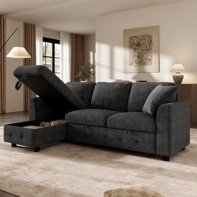 Btm L-Shaped Chenille Sofa Bed, Storage Chaise, 2 Cushions, Convertible 3-Seater Sofa, Grey - image 1