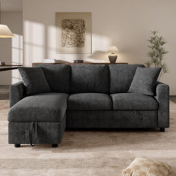 Btm L-Shaped Chenille Sofa Bed, Storage Chaise, 2 Cushions, Convertible 3-Seater Sofa, Grey - thumbnail 4