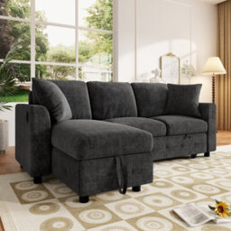 Btm L-Shaped Chenille Sofa Bed, Storage Chaise, 2 Cushions, Convertible 3-Seater Sofa, Grey - thumbnail 5