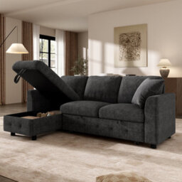 Btm L-Shaped Chenille Sofa Bed, Storage Chaise, 2 Cushions, Convertible 3-Seater Sofa, Grey